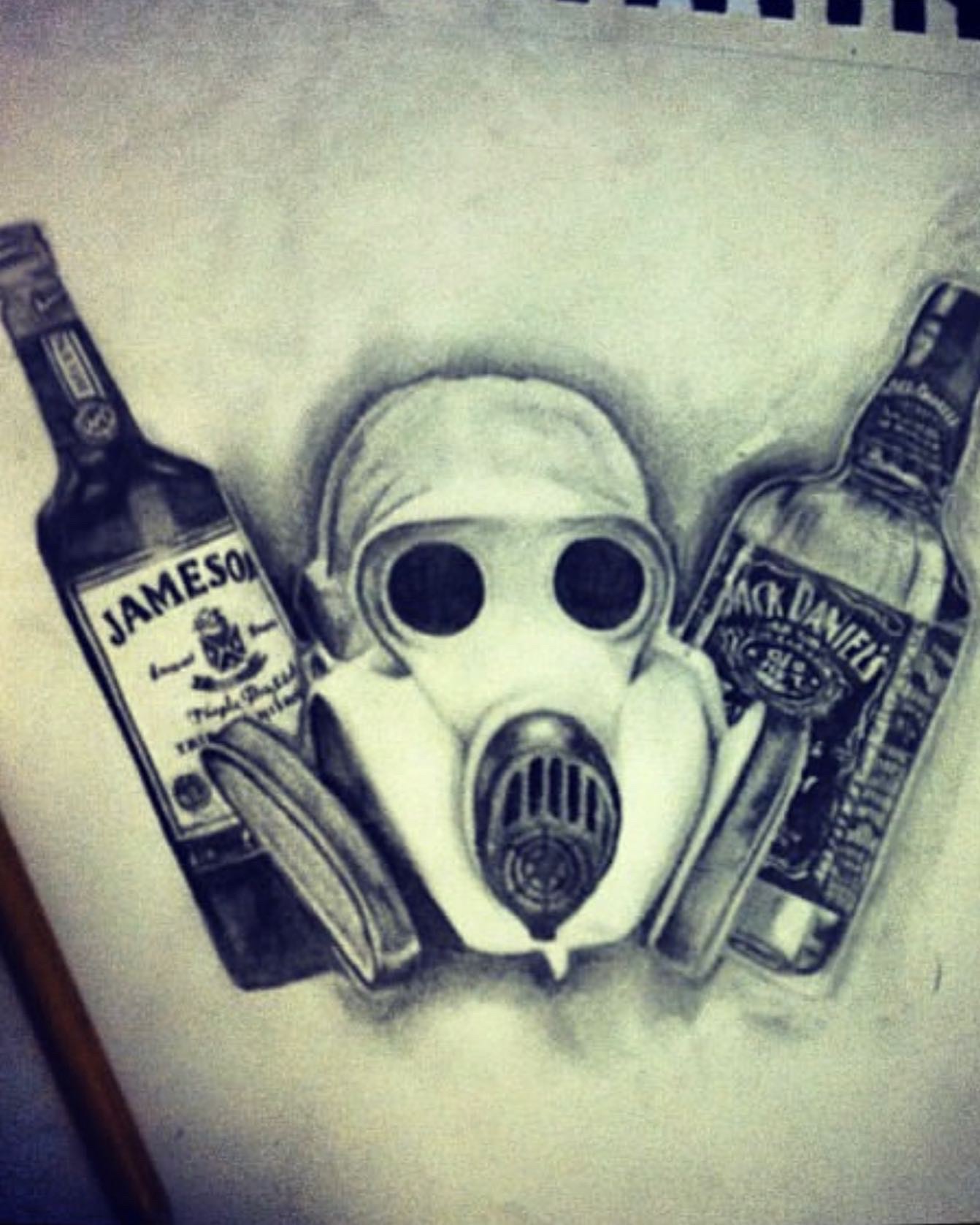 Drawing Of Gas Mask, Jameson, and Jack Daniels